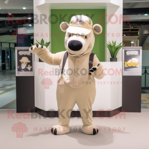 Beige Tapir mascot costume character dressed with a V-Neck Tee and Berets