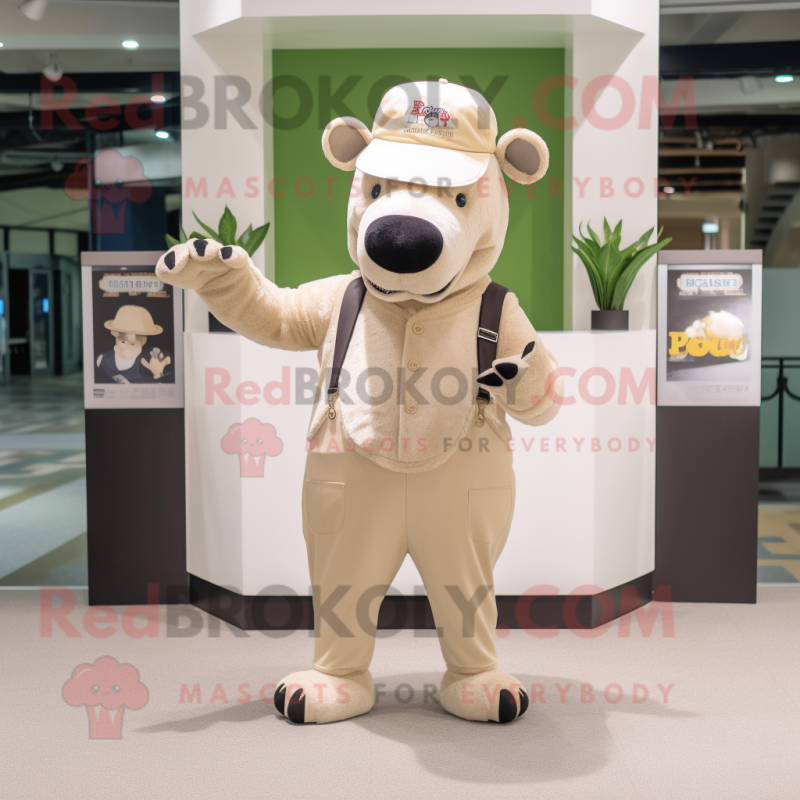 Beige Tapir mascot costume character dressed with a V-Neck Tee and Berets Beige Tapir mascot costume character dressed with a V-Neck Tee and Berets