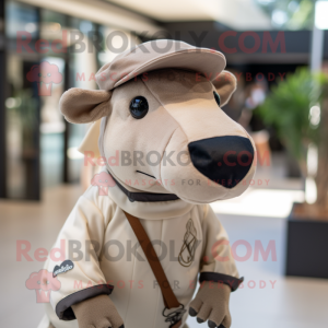 Beige Tapir mascot costume character dressed with a V-Neck Tee and Berets