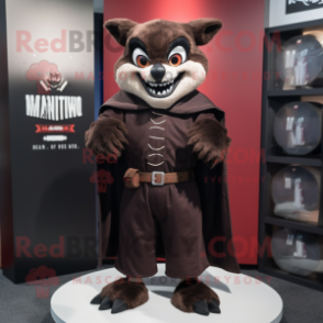 Brown Vampire mascot costume character dressed with a Coat and Belts