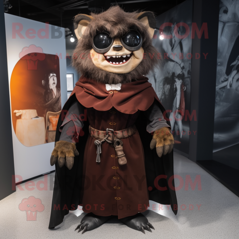 Brown Vampire mascot costume character dressed with a Coat and Belts