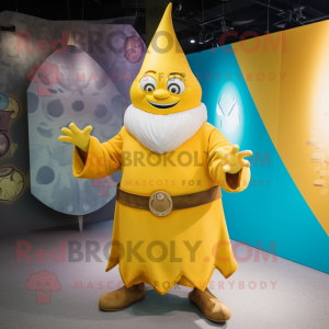 Yellow Wizard mascot costume character dressed with a Capri Pants and Necklaces