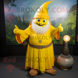 Yellow Wizard mascot costume character dressed with a Capri Pants and Necklaces