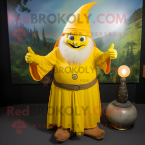 Yellow Wizard mascot costume character dressed with a Capri Pants and Necklaces