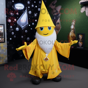 Yellow Wizard mascot costume character dressed with a Capri Pants and Necklaces