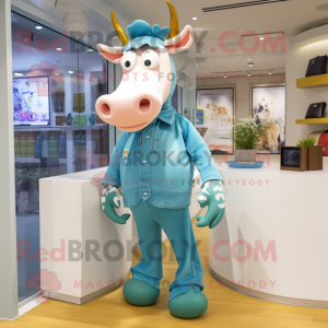 Cyan Guernsey Cow mascot costume character dressed with a Skinny Jeans and Shoe laces
