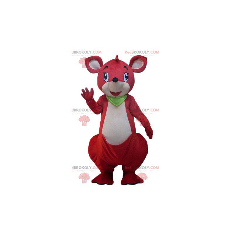 Mascotte de kangourou rouge et blanc avec un foulard vert -