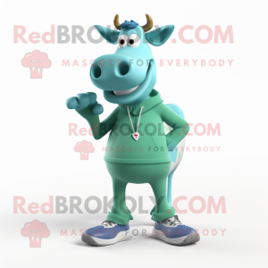 Cyan Guernsey Cow mascot costume character dressed with a Skinny Jeans and Shoe laces