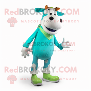 Cyan Guernsey Cow mascot costume character dressed with a Skinny Jeans and Shoe laces