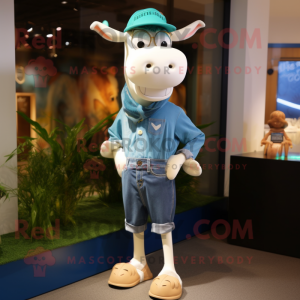 Cyan Guernsey Cow mascot costume character dressed with a Skinny Jeans and Shoe laces