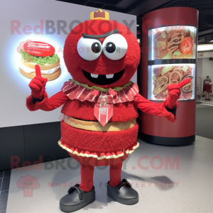 Red Burgers mascot costume character dressed with a Circle Skirt and Bracelet watches