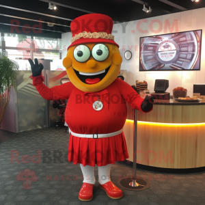 Red Burgers mascot costume character dressed with a Circle Skirt and Bracelet watches