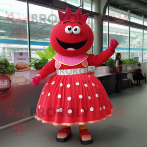 Red Burgers mascot costume character dressed with a Circle Skirt and Bracelet watches