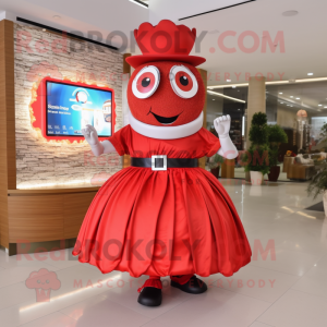 Red Burgers mascot costume character dressed with a Circle Skirt and Bracelet watches