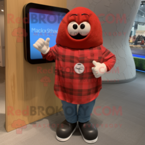 Red Shakshuka mascot costume character dressed with a Flannel Shirt and Smartwatches