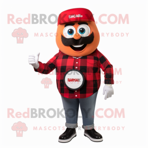 Red Shakshuka mascot costume character dressed with a Flannel Shirt and Smartwatches