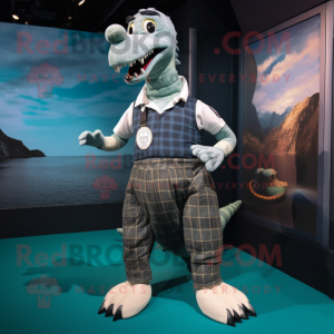 Silver Loch Ness Monster mascot costume character dressed with a Rugby Shirt and Suspenders