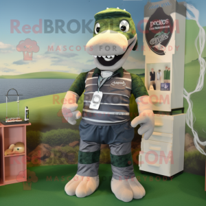 Silver Loch Ness Monster mascot costume character dressed with a Rugby Shirt and Suspenders