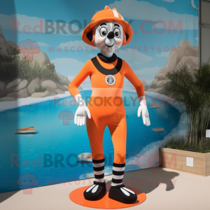 Orange Mime mascot costume character dressed with a One-Piece Swimsuit and Shoe clips