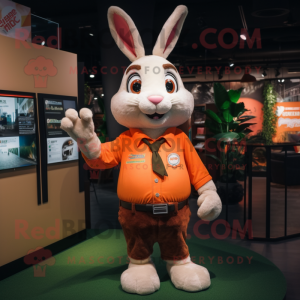 Peach Wild Rabbit mascot costume character dressed with a T-Shirt and Lapel pins