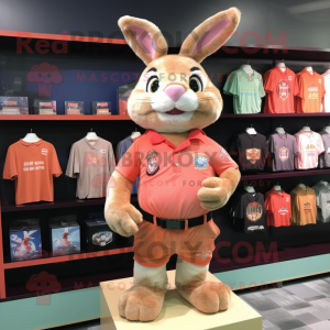 Peach Wild Rabbit mascot costume character dressed with a T-Shirt and Lapel pins