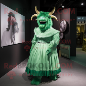 Green Minotaur mascot costume character dressed with a Evening Gown and Beanies