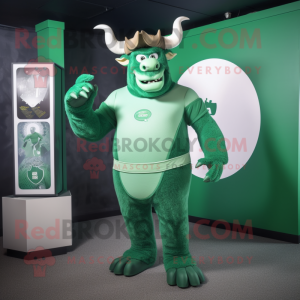 Green Minotaur mascot costume character dressed with a Evening Gown and Beanies