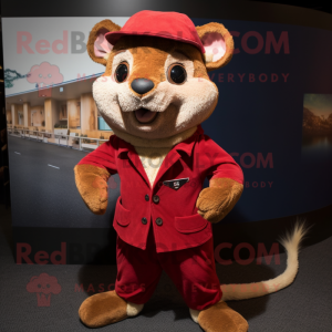 Maroon Dormouse mascot costume character dressed with a Corduroy Pants and Tie pins