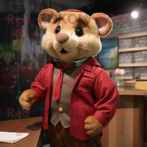 Maroon Dormouse mascot costume character dressed with a Corduroy Pants and Tie pins