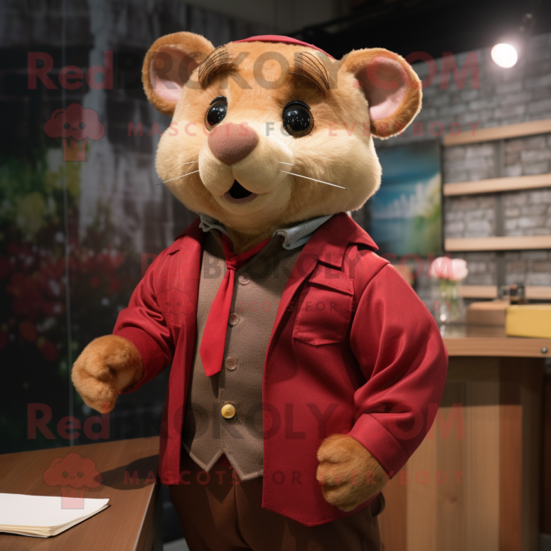 Maroon Dormouse mascot costume character dressed with a Corduroy Pants and Tie pins Maroon Dormouse mascot costume character dressed with a Corduroy Pants and Tie pins