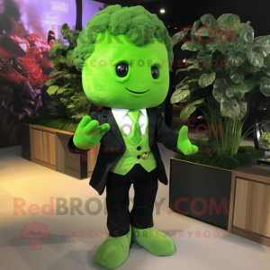 Lime Green Broccoli mascot costume character dressed with a Suit Jacket and Keychains