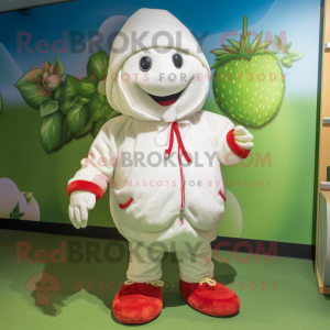 Cream Strawberry mascot costume character dressed with a Hoodie and Anklets
