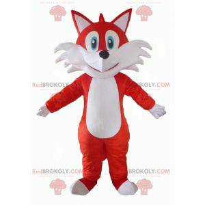 Mascotte de renard orange et blanc aux yeux bleus -