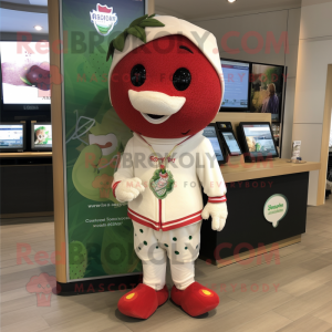 Cream Strawberry mascot costume character dressed with a Hoodie and Anklets