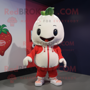 Cream Strawberry mascot costume character dressed with a Hoodie and Anklets