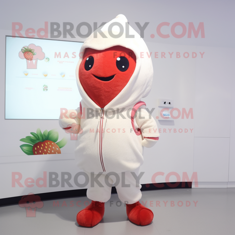 Cream Strawberry mascot costume character dressed with a Hoodie and Anklets