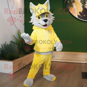 Lemon Yellow Say Wolf mascot costume character dressed with a Sweater and Beanies