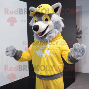 Lemon Yellow Say Wolf mascot costume character dressed with a Sweater and Beanies