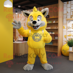 Lemon Yellow Say Wolf mascot costume character dressed with a Sweater and Beanies