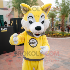 Lemon Yellow Say Wolf mascot costume character dressed with a Sweater and Beanies