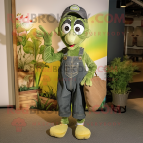 Olive Aglet mascot costume character dressed with a Dungarees and Clutch bags