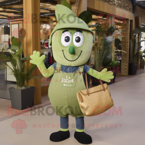 Olive Aglet mascot costume character dressed with a Dungarees and Clutch bags