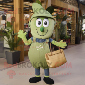 Olive Aglet mascot costume character dressed with a Dungarees and Clutch bags