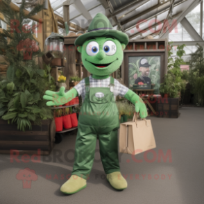 Olive Aglet mascot costume character dressed with a Dungarees and Clutch bags