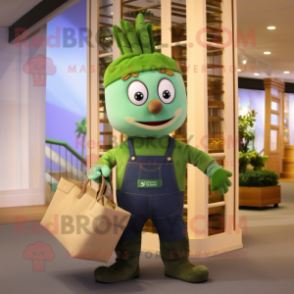 Olive Aglet mascot costume character dressed with a Dungarees and Clutch bags