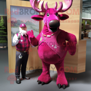 Magenta Elk mascot costume character dressed with a Oxford Shirt and Brooches