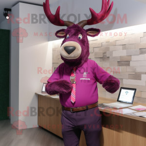 Magenta Elk mascot costume character dressed with a Oxford Shirt and Brooches