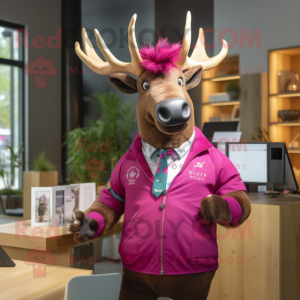 Magenta Elk mascot costume character dressed with a Oxford Shirt and Brooches