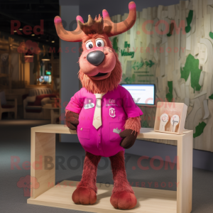 Magenta Elk mascot costume character dressed with a Oxford Shirt and Brooches