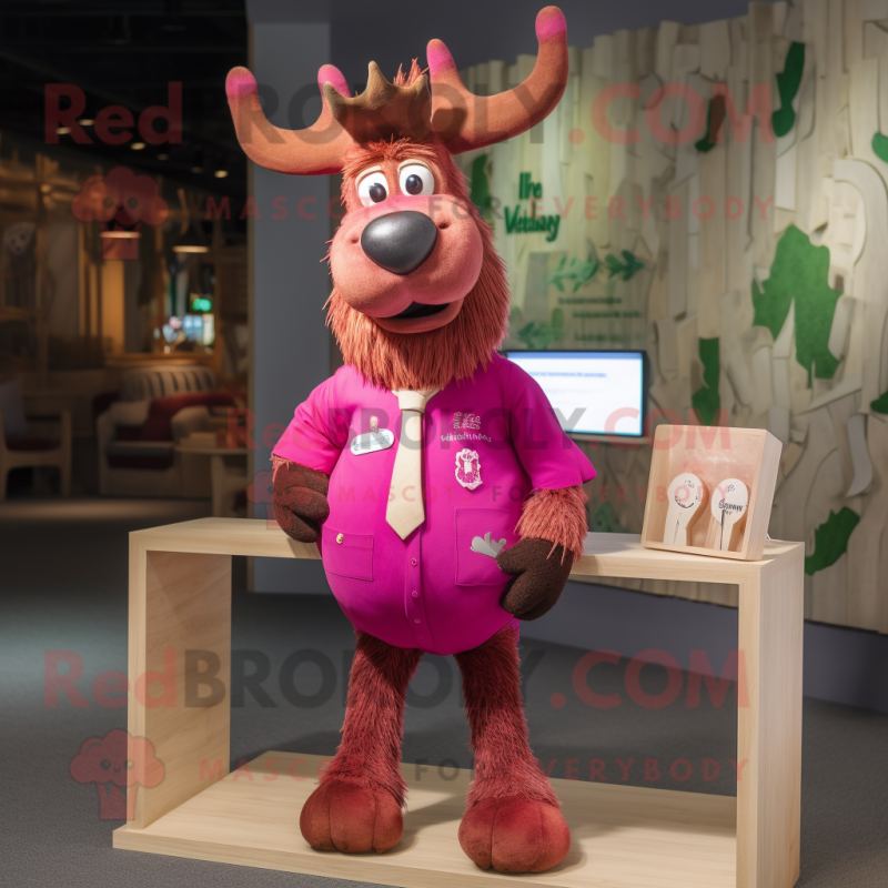 Magenta Elk mascot costume character dressed with a Oxford Shirt and Brooches Magenta Elk mascot costume character dressed with a Oxford Shirt and Brooches
